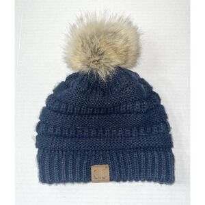 C.C. Exclusive Beanie Women's OS Navy Blue Pom Pom Furry Knit Winter Stretch